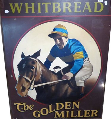 Lot 202 - Metal Painted Pub Sign For The Golden Miller (Cheltenham ?) brown ground with image in a circle...