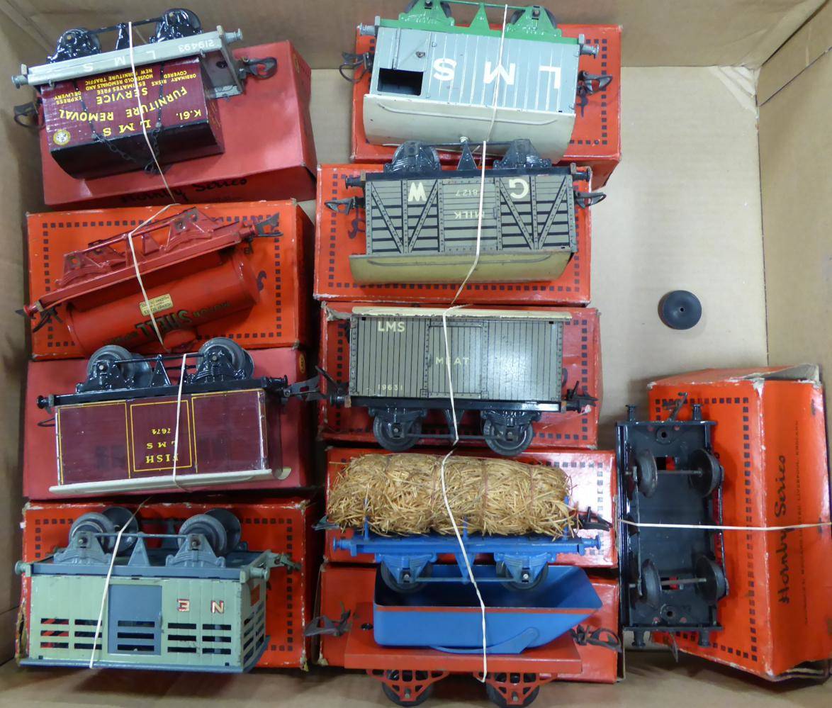 Lot 290 - Hornby Series O Gauge Wagons NE Cattle, LMS Fish, Shell tank (wheels and axles loose) LMS Flat with