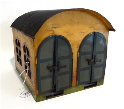 Lot 297 - Marklin O Gauge Double Engine Shed with brick effect stencilling, corrugated roof and twin...