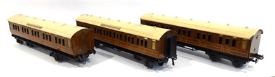 Lot 374 - Bassett-Lowke O Gauge Three LNER Corridor Coaches two all 1st 36232 and brake/3rd 62362, all...