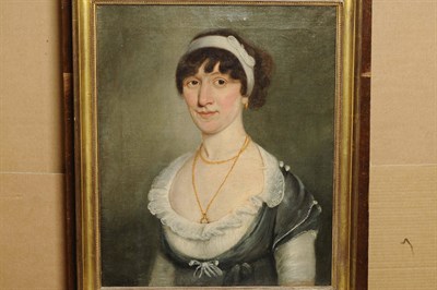 Lot 868 - English School (c.1800) Portrait of a lady, half length, wearing a grey dress and gold necklace Oil