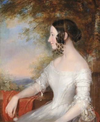 Lot 872 - Clement Burlison (1815-1899) Portrait of a Young Lady, seated, three quarter length, wearing a...