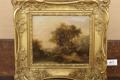 Lot 877 - Circle of John Rathbone (early 19th century) Wooded River Landscape with Hills in the Distance...