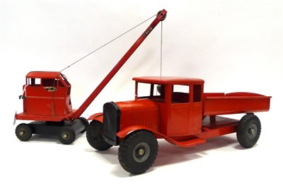 Lot 489 - Triang Two Pressed Steel Vehicles Tipper truck, red and Jones Mobile crane, red (both G-F) (2)