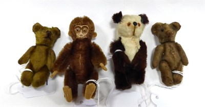 Lot 502 - Schuco Miniature Brown Jointed Monkey with moulded face, 9cm; together with two Teddy Bears, in...