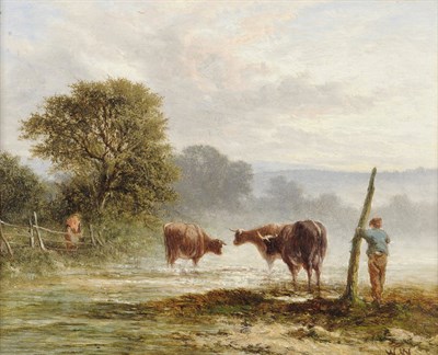 Lot 880 - Walter Williams (1835-1906) "The Edge of the Village", drover and cattle in an early morning...