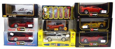 Lot 511 - Burago 1:18 Scale Ferraris F40, F50 Hard top and F50; Lamborghini Diablo, Dodge Viper and a set...