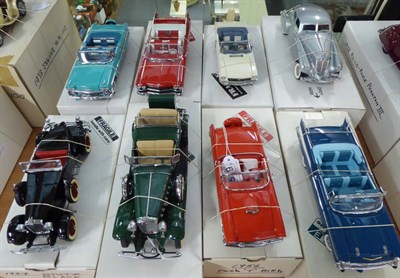 Lot 519 - Danbury Mint USA Cars 1933 Pierce Silver Arrow, 1966 Ford Mustang, 1959 Cadillac Series 62,...