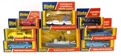 Lot 554 - Dinky Window Box Models 673 Submarine chaser, 674 Coastguard amphibious missile launch, 128...