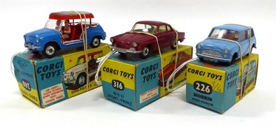 Lot 556 - Corgi 240 Ghia Fiat 600 Jolly (box a little worn) 316 NSU Sports Prinz and 226 Morris Mini...