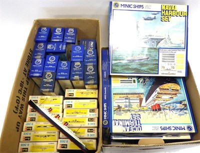 Lot 587 - Minic Ships three Naval Harbour and two Ocean Terminal sets, Quayside set, 13 assorted warships and