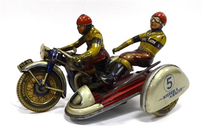 Lot 496A - TippCo Silver Racer motorcycle and sidecar with two figures, registration TCO-59 (G, passenger...