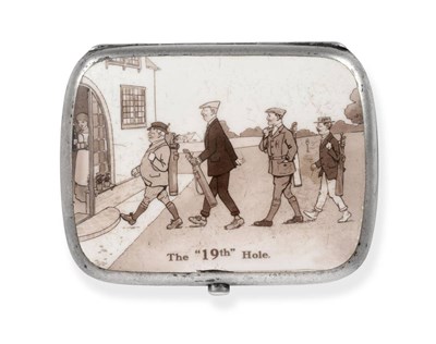 Lot 12 - Silver Cigarette Case With Enamel '19th Hole' Illustration To Lid the image is a monochrome...