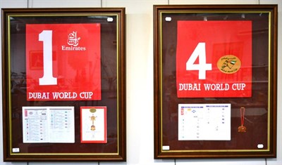 Lot 86 - Dubai World Cup 1998 Three Framed Race Cards & Saddle Cloths (i) 10 Silver Charm (ii) 1 Even...