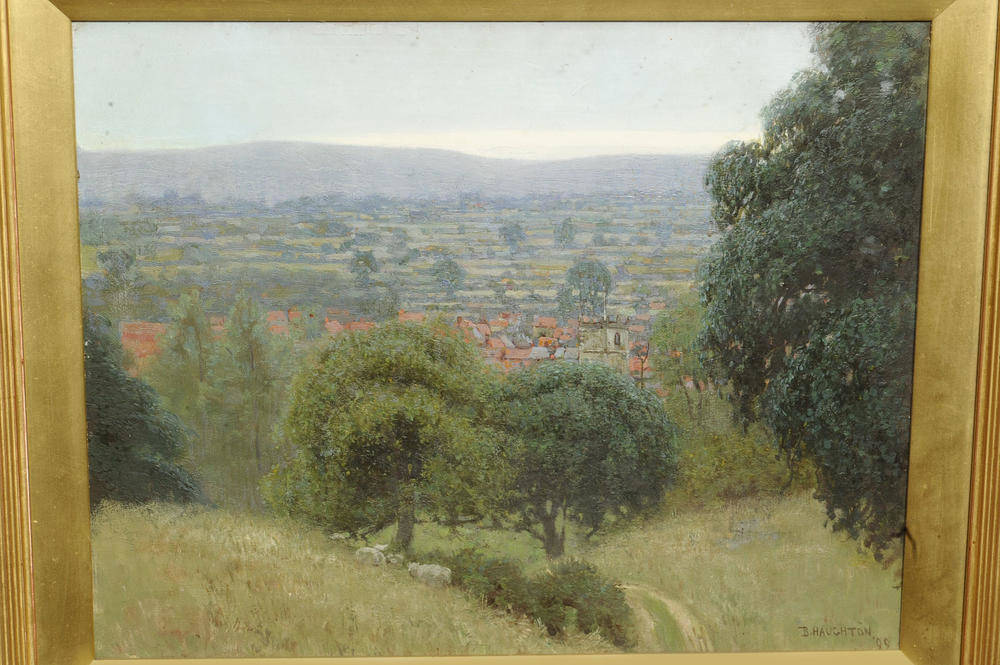 Lot 906 - Benjamin Haughton (1865-1924) Distant Village in a Landscape Signed and dated (18)99, oil on panel