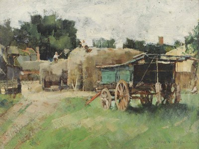 Lot 908 - John Henry Inskip R.B.A. (1864-1947) "Stacking Hay, West Beer, Kent" Signed, inscribed with the...