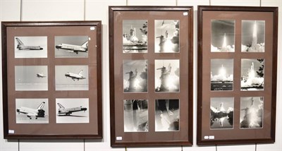 Lot 208 - Space Shuttle Columbia Photographs  a series of 18 b/w photographs, displayed in three glazed...