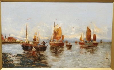 Lot 918 - M"¦Webb (19th century) Figures and Fishing Boats off a Coastline, cottages in the distance...