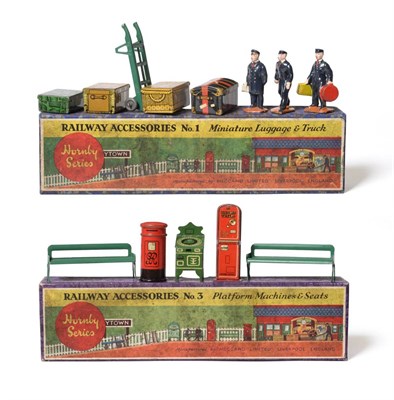 Lot 281 - Hornby Series Accessory Sets No.1 Miniature Luggage & Truck and No.3 Platform Machines & Seats...