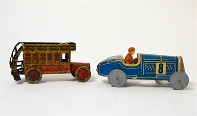 Lot 332 - Kellerman Push Along Double Deck Open Top Bus 5";, 13cm (one side G, one side F-P, rusted) together