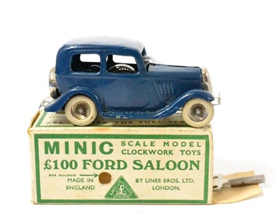 Lot 336 - Minic (Pre-War) å£100 Ford Saloon blue, with petrol can to running board (G-E box G, but lack two