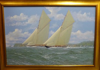 Lot 928 - Michael J. Whitehand (b.1941) ARR Two Racing Yachts off a Coastline, a yacht club and boats in...