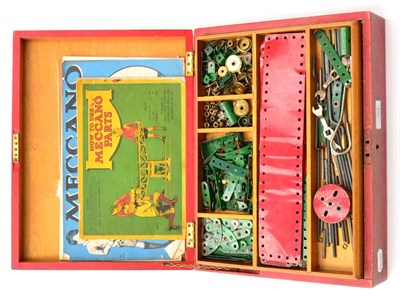 Lot 354 - Meccano Red Wooden Box with lift out tray and 'Meccano' in gold on lid containing assorted pre- and