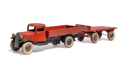 Lot 374 - Dinky (Pre-war) 25a Wagon red, black chassis and smooth hubs (G, signs of fatigue, lacks towing...