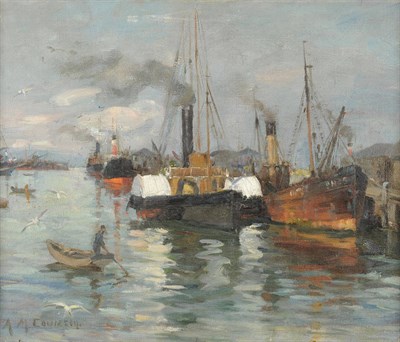 Lot 932 - Agnes M. Cowieson (ex.1882-1940) Harbour Scene with Fishing Boats and a Paddle Steamer Signed,...