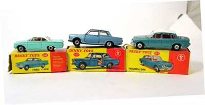 Lot 384 - Dinky Three British Cars 135 Triumph 2000, 139 Ford Consul and 143 Ford Capri (generally E,...