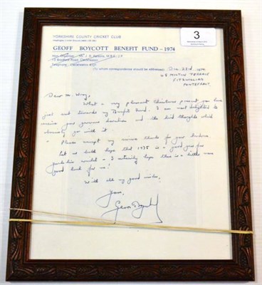 Lot 3 - Geoff Boycott Signed Letter dated December 23rd 1974 from the Geoff Boycott Benefit Fund to Mr Wray