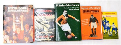 Lot 36 - Five Signed Football Books - Forward Arsenal 1886 to 1952, Stanley Matthews Biography, George Young