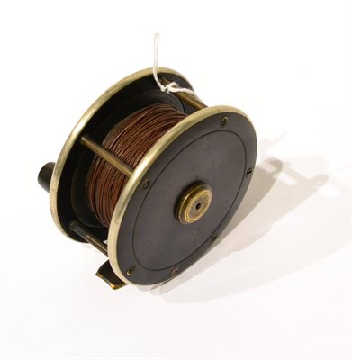 Lot 52 - A 4inch Brass Faced Ebonite Salmon Reel, with fat horn handle, nickel rims, brass foot, with line