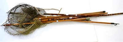 Lot 90 - Five Bamboo Handled Wading Sticks with Landing Nets, including three by Hardy Bros, together with a