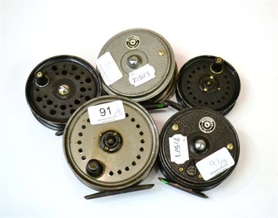 Lot 91 - Five J.W. Young Alloy Fly Reels, comprising 3inch, 3 1/2inch and 4inch Beaudex, Pridex and Condex