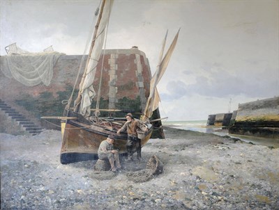 Lot 949 - Jules G. Bahieu (1860-1895) Belgian Two Fishermen standing beside a Boat at Low Tide Signed and...