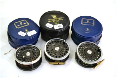 Lot 116 - Three Hardy 'Marquis Salmon No.2' Fly Reels, all in zip cases, one in card box