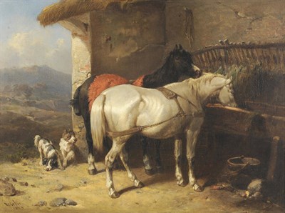 Lot 951 - Carl Fredrik Kioerboe (1799-1876) Swedish Horses in a Barn, two dogs nearby Signed and indistinctly