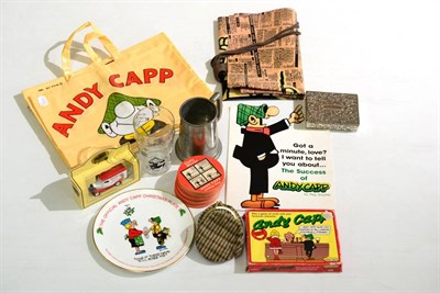 Lot 134 - Andy Capp Memorabilia, to include: a PVC kitchen apron, shopper bag and tea towels featuring...