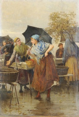 Lot 955 - Louis Ebner (1850-1934) Figures in a Market Place Signed, oil on panel, 50.5cm by 34cm, unframed