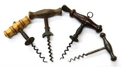 Lot 175 - Four Corkscrews one with bone handle, two with wooden and one metal (all F-G) (4)