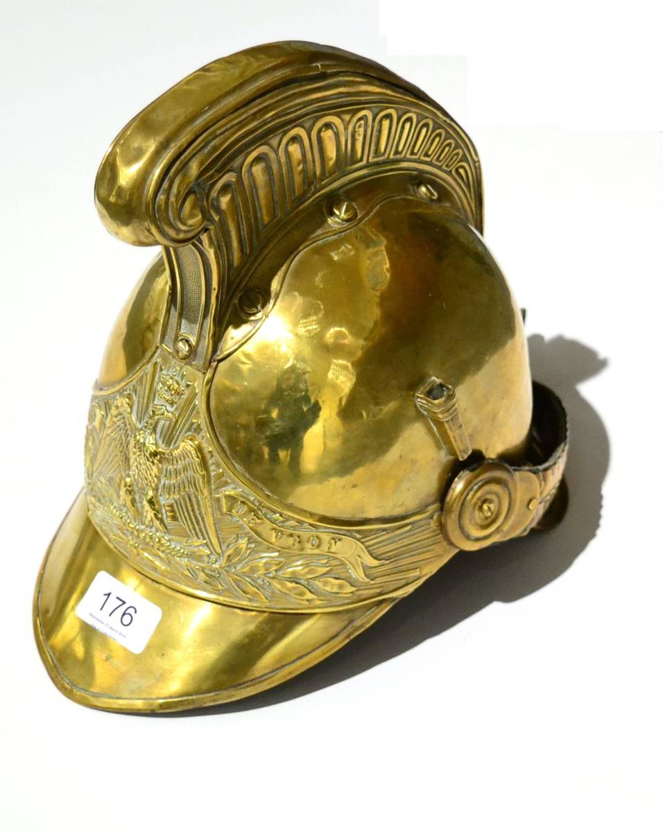 Lot 176 - French Brass Fire Helmet 19th Century From Vron Fire Service with crest to front, original...