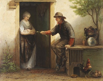 Lot 957 - Hendricus Jacobus Burgers (1834-1899) Dutch Fisherman teasing a Kitten held by a Girl at a...