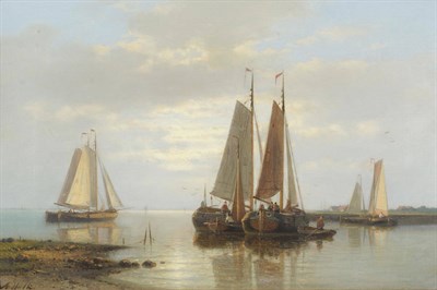 Lot 958 - Abraham Hulk Snr (1813-1897) Dutch Fishing Boats and Figures in a Calm off a Coastline Signed,...