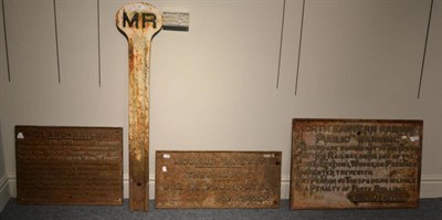 Lot 206 - Cast Iron Signs NER Trespass R F Dunnell (name plate over original), MR Trespass 1898 and MR...