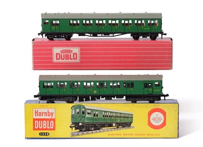 Lot 216 - Hornby Dublo 3-Rail 3250 Electric Motor Coach brake/2nd (E box G) 4150 Electric driving trailer...