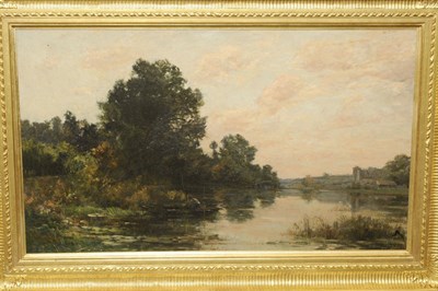 Lot 961 - Maurice Levis (1860-1940) French River Landscape with a Figure Fishing from a Punt Signed, oil...