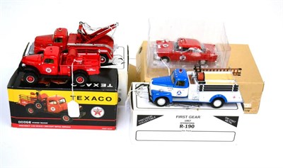 Lot 327 - First Gear Four Fire Vehicles  (i) Texaco Fire Chief Car (ii) Dodge Power wagon in colour...