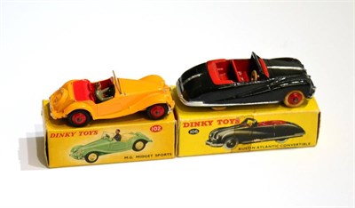 Lot 340 - Dinky 106 Austin Atlantic black/red (E-G box F-G, some taping) 102 MG Midget road version,...