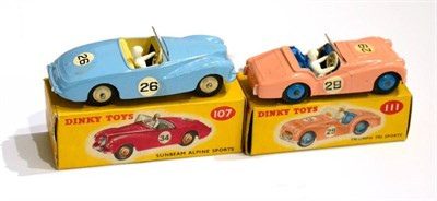 Lot 341 - Dinky 107 Sunbeam Alpine blue (E box E) 111 Triumph TR2 (G-E, decals a little worn, box G-E) (2)